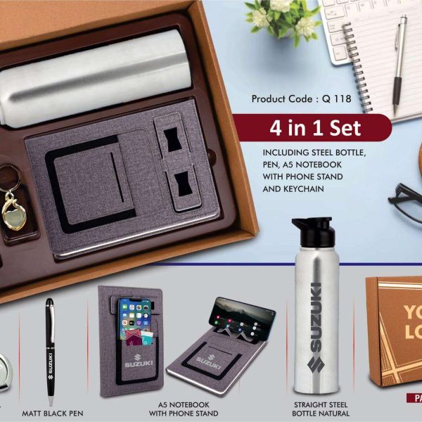 4 in 1 Gray set: Metal Keychain, SS natural bottle, Metal Pen and 4 in 1 notebook in Kraft Gift Box