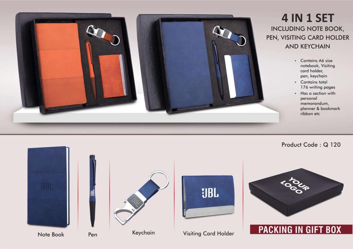 4 pc Notebook Set: A6 size notebook, Metal Pen, Loop Keychain & Visiting card holder in Gift box - Image 1