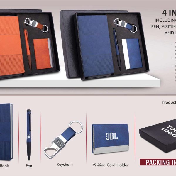 4 pc Notebook Set: A6 size notebook, Metal Pen, Loop Keychain & Visiting card holder in Gift box