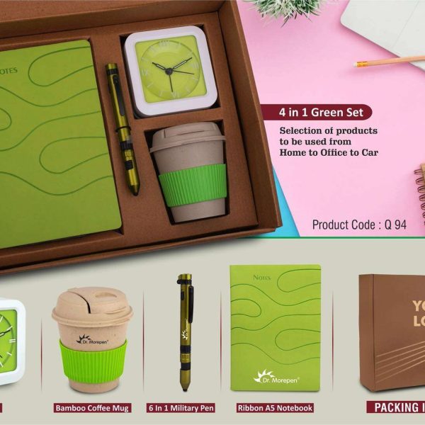 4 in 1 Green set: Bamboo coffee mug, 6 in 1 military pen, Glow Clock and A5 PU notebook in Kraft Gift Box