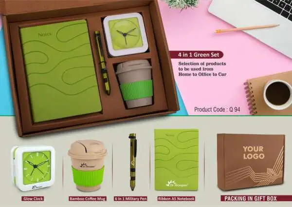 4 in 1 Green set: Bamboo coffee mug, 6 in 1 military pen, Glow Clock and A5 PU notebook in Kraft Gift Box