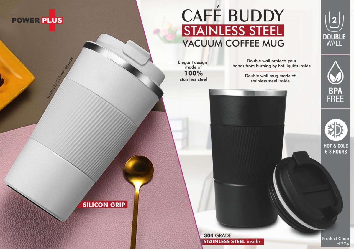 Cafe Buddy: Stainless Steel Vacuum coffee mug with Silicon Grip | Premium Flip top locking cap | Capacity 510ml approx - Image 1