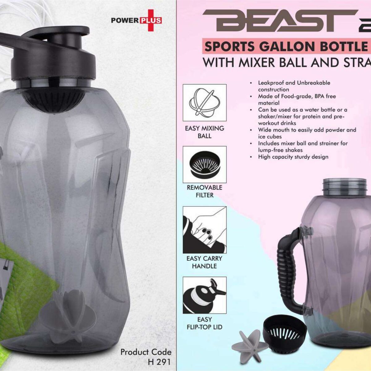 Beast 2.0 Sports gallon bottle 1.5 L with mixer ball and strainer Unbreakable Freezer safe Power Plus store