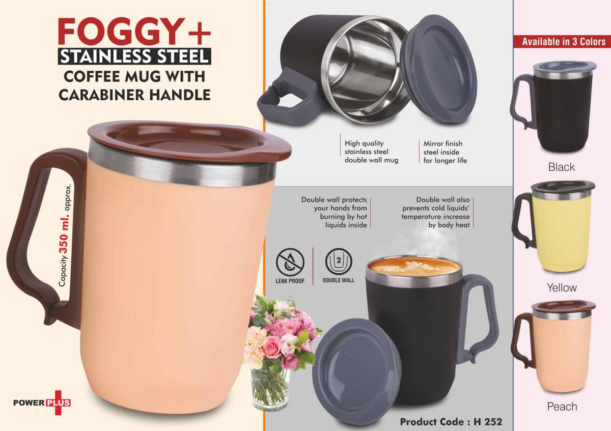 h252.jpg Foggy+ Stainless Steel coffee mug with Carabiner Handle | Leakproof Cap | Capacity 350ml approx - Image 1