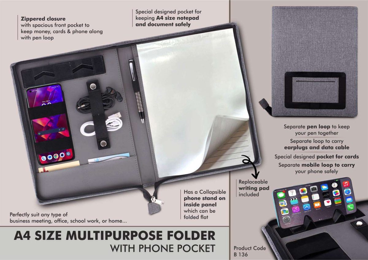 b136.jpg A4 size multipurpose folder with Writing pad and phone pocket | Complete Zipper enclosure - Image 1