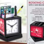 Rotating clock with 3 side branding area | Has pen stand & large stationery holder | Branding included MOQ 200 pc