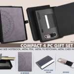 Compact 4 pc Gray gift set: A5 size Notebook, Metal pen, Metal PU Keychain, Metal Card holder