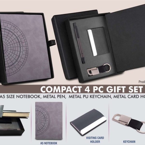 Compact 4 pc Gray gift set: A5 size Notebook, Metal pen, Metal PU Keychain, Metal Card holder