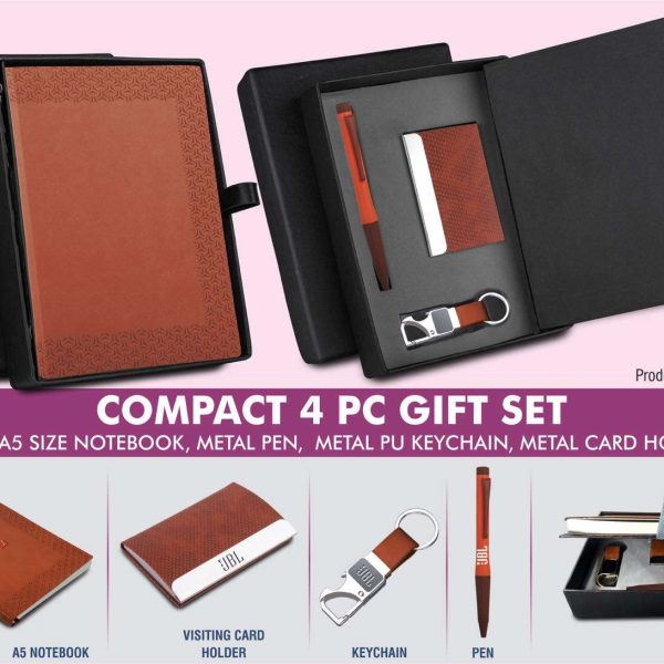 Compact 4 pc Tan gift set: A5 size Notebook, Metal pen, Metal PU Keychain, Metal Card holder