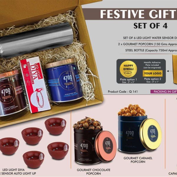 Festive Gift Set of 4: 6 pc diya set, Steel Bottle & 2 x Gourmet Popcorn | Metal Plate included