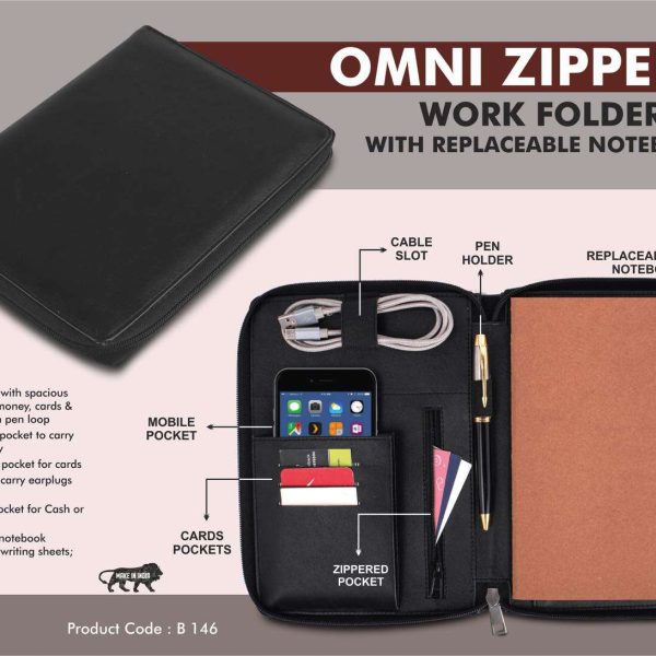 Omni Zippered Work folder with Notebook | Pockets for cards, phone, pen, cables, etc