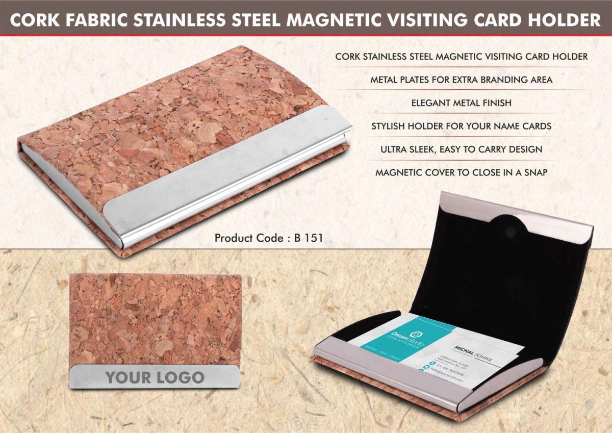 Stainless Steel Magnetic Visiting Card holder in Cork Material - Image 1