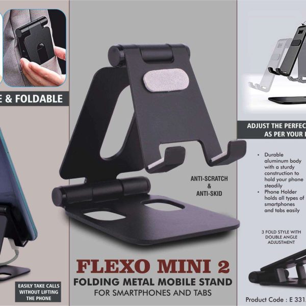 Flexo Mini 2: Folding Metal Mobile Stand for Smartphones and Tabs | Folds completely to take minimal space | 3 fold style with double angle adjustment