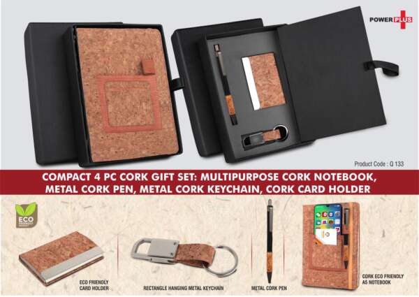 Compact 4 pc Eco gift set: Multipurpose Cork Notebook, Metal Cork pen, Metal Cork Keychain, Cork Card holder