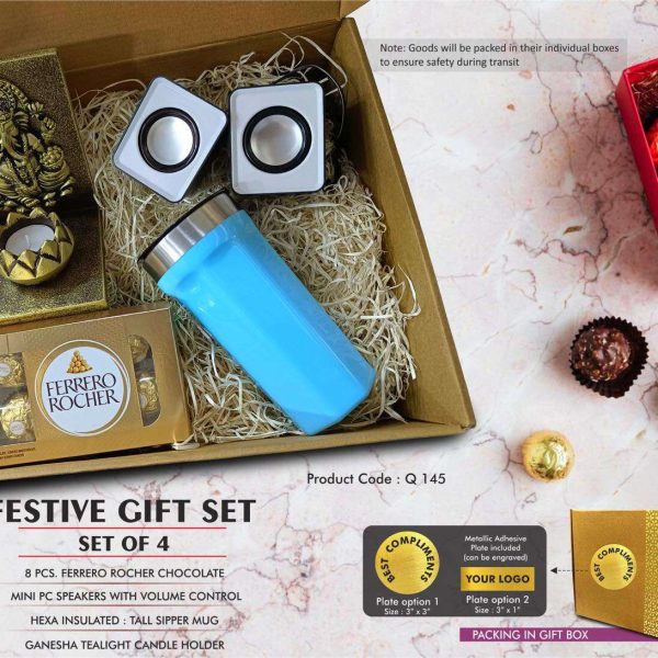 Festive Gift Set of 4: Ferrero Rocher 8 pc box, Mini PC speakers, Hexa Insulated Mug & Ganesha Tealight holder | Metal Plate included