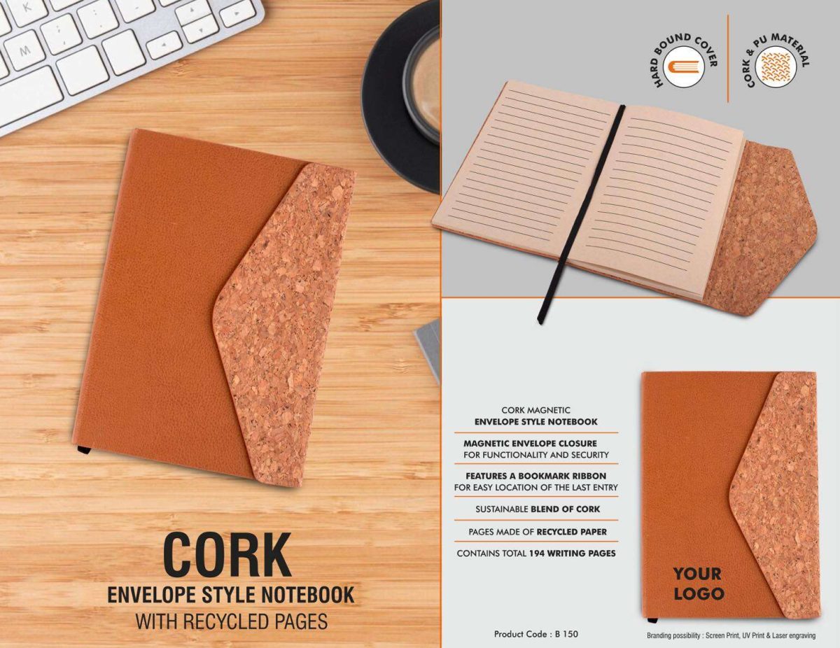 Cork Magnetic Envelope style Notebook with recycled pages - Image 1