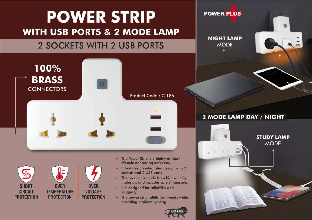 Power Strip with USB ports & Night Lamp | 2 sockets with 2 USB ports | 2 mode lamp - Image 1