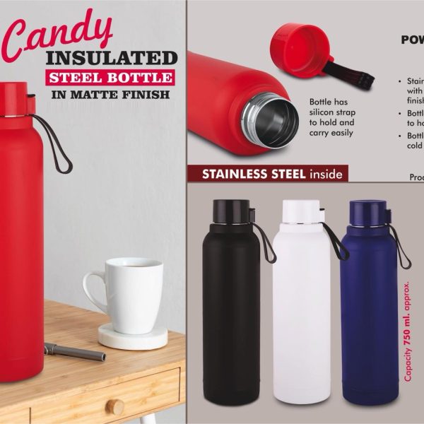 Candy: Insulated Steel Bottle with carry strap in Matte Finish | Keeps Hot & Cold for 4-6 Hours | Capacity 750 ml approx