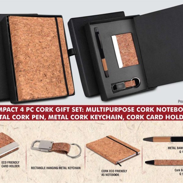 Compact 4 pc Cork gift set: Cork Notebook, Cork pen, Metal Cork Keychain, Cork Card holder