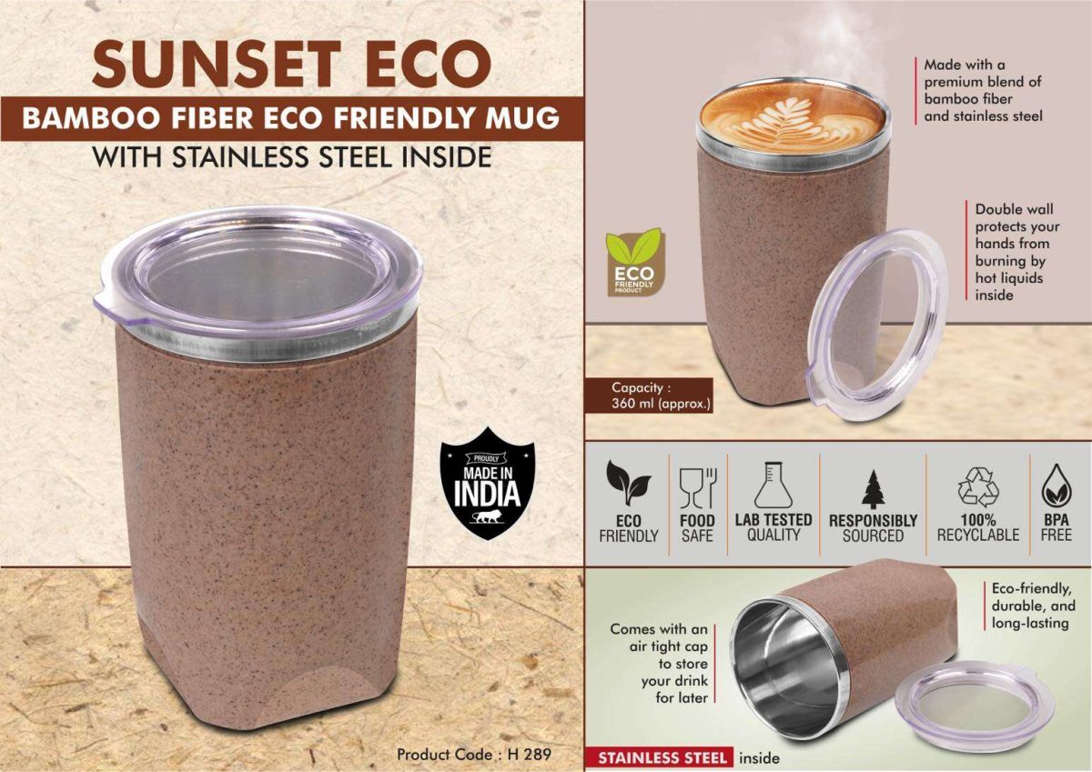 Sunset Eco: Bamboo Fiber Eco Friendly Mug with Stainless Steel Inside | Comes with Lid | Leak proof & BPA Free | Capacity 360 ml approx - Image 1