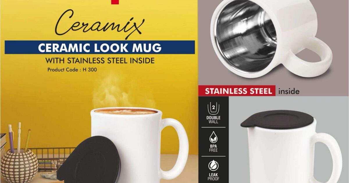 Ceramix: Ceramic Look mug with Stainless Steel inside | Lid included |  Capacity 350ml approx - Power Plus Store