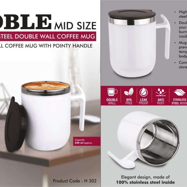 Noble: Mid Size Stainless Steel Double wall Coffee mug with Pointy handle | Leak Proof | Capacity 250ml approx