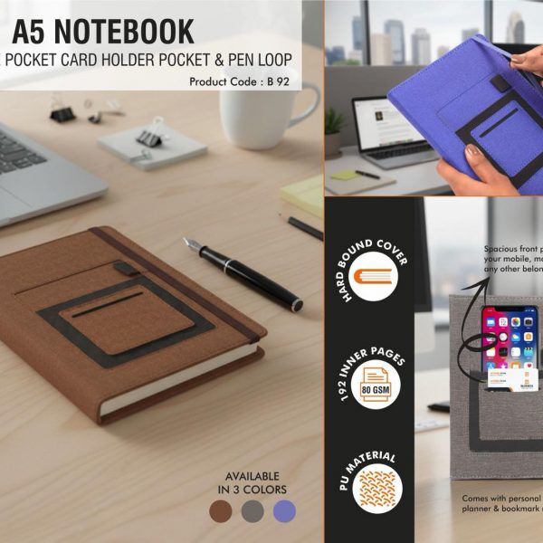 A5 notebook with mobile pocket, card holder pocket & pen loop
