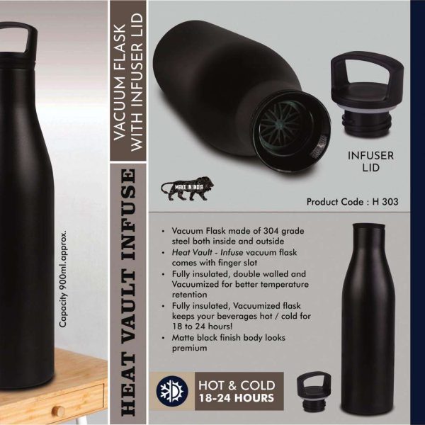 HeatVault Infuse: 900 ml vacuum flask with infuser lid | 304 steel inside & outside | 18 hours hot/cold