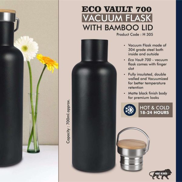 EcoVault 700: 700 ml vacuum flask with Bamboo lid | 304 steel inside & outside | 18 hours hot/cold