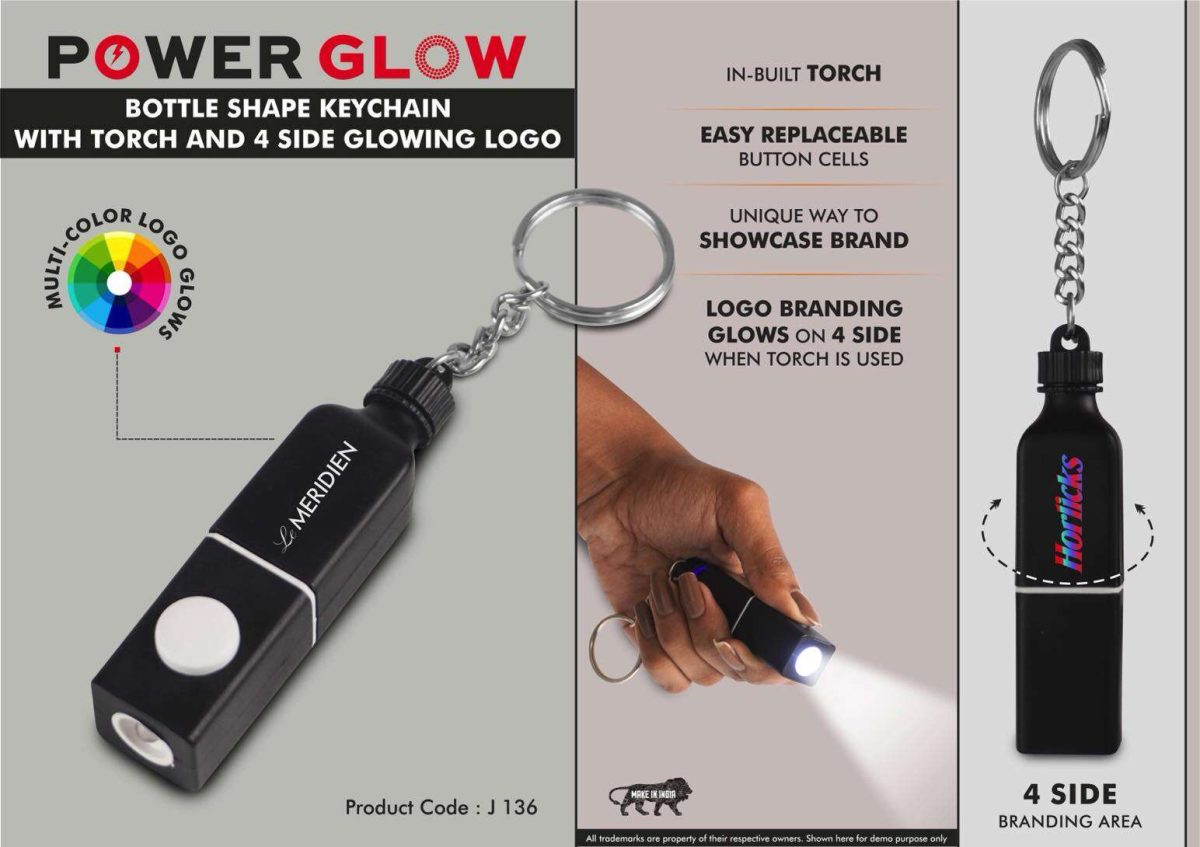 j136.jpg PowerGlow Bottle shape keychain with Torch and 4 side Glowing Logo - Image 1