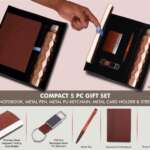 Compact 5 Pc Tan Gift Set: A5 Size Notebook, Metal Pen, Metal Pu Keychain, Metal Card Holder & Prism Steel Bottle