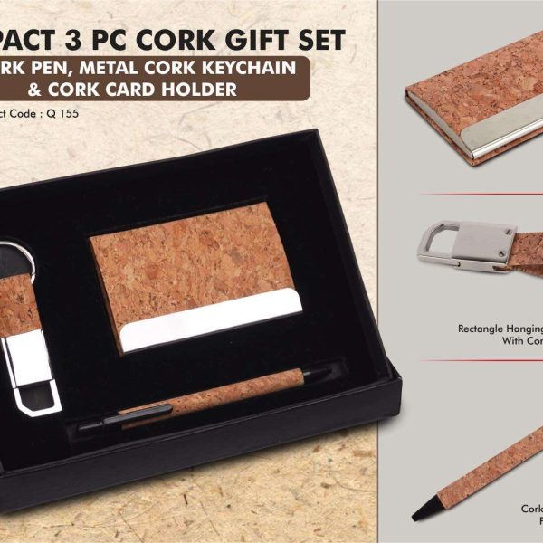 Compact 3 Pc Cork Gift Set: Cork Pen, Metal Cork Keychain & Cork Card Holder