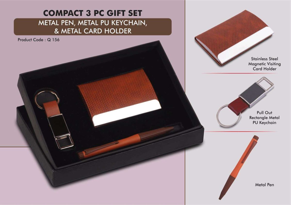 q156.jpg Compact 3 Pc Tan Gift Set: Metal Pen, Metal PU Keychain, & Metal Card Holder - Image 1