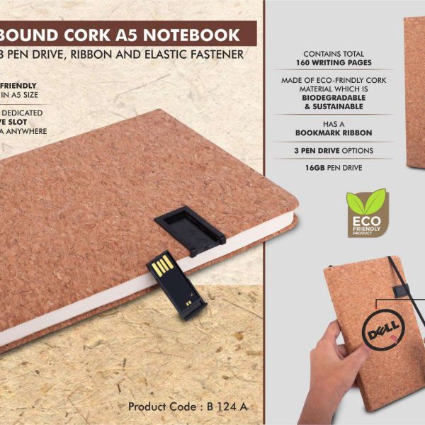 Hard bound Cork A5 notebook with Pen Drive, Ribbon and elastic fastener- 16 GB USB drive