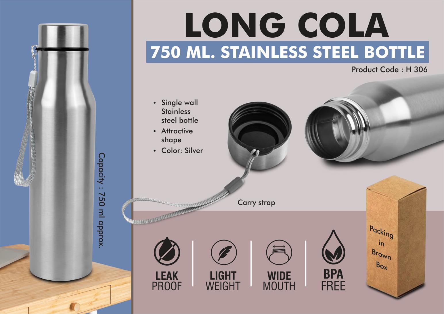 h306.jpg Long Cola 750: Stainless steel bottle | With Carry strap | Capacity 750ml approx - Image 1