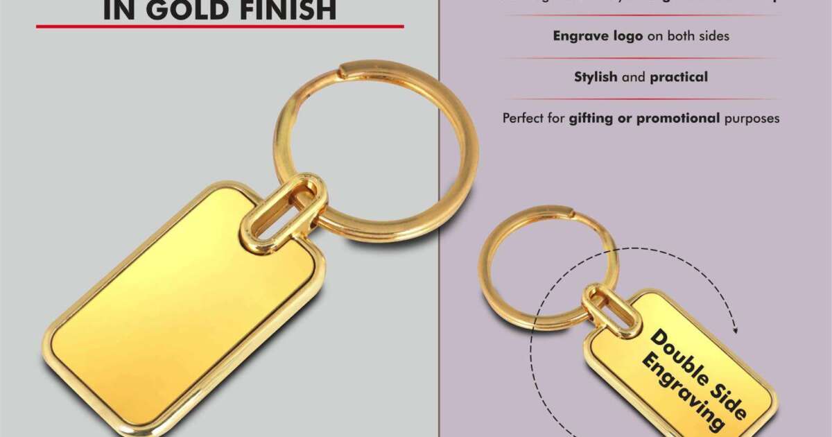 Rectangle metal keychain in Gold finish (Double side laser) - Power ...