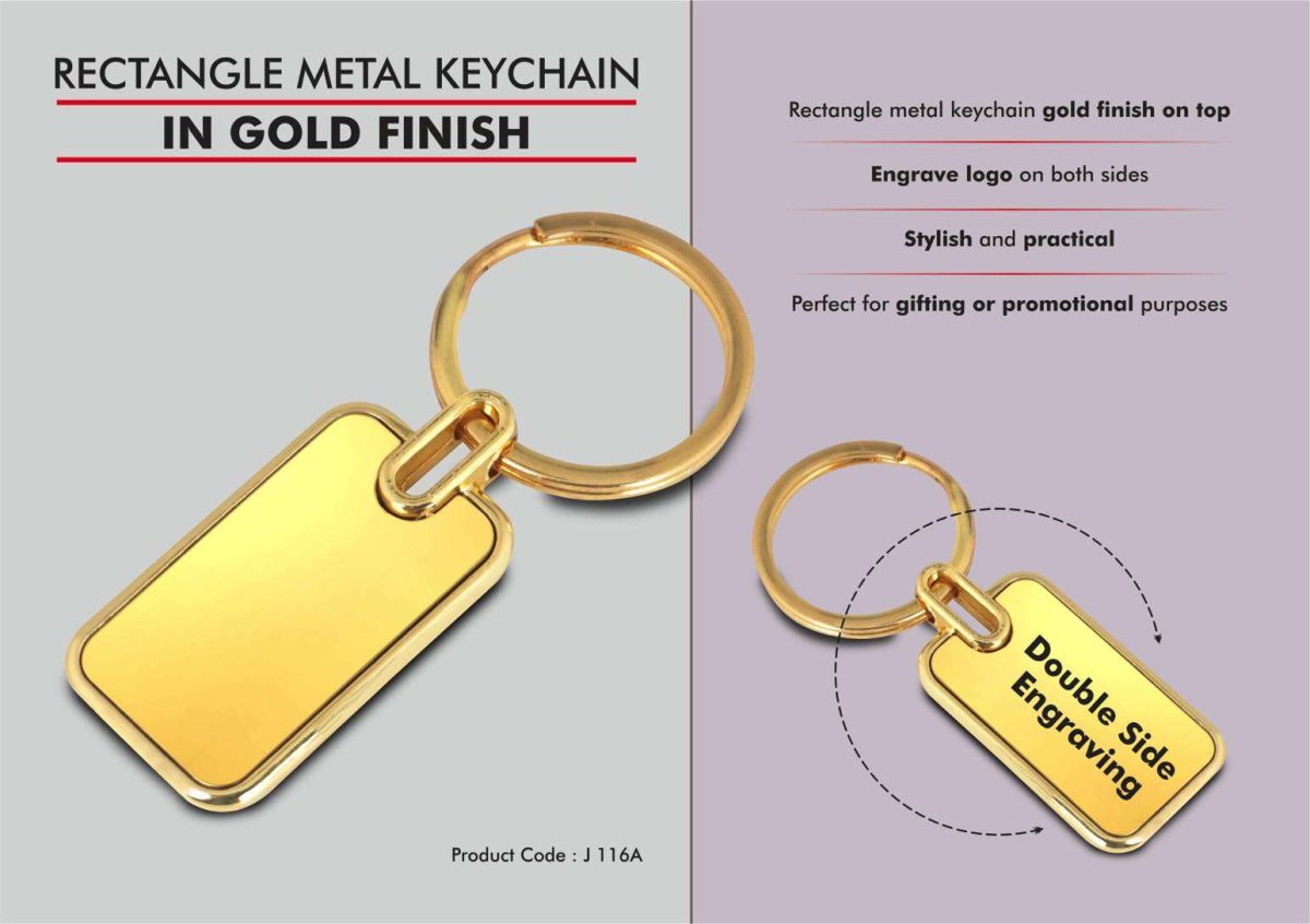 j116a.jpg Rectangle metal keychain in Gold finish (Double side laser) - Image 1