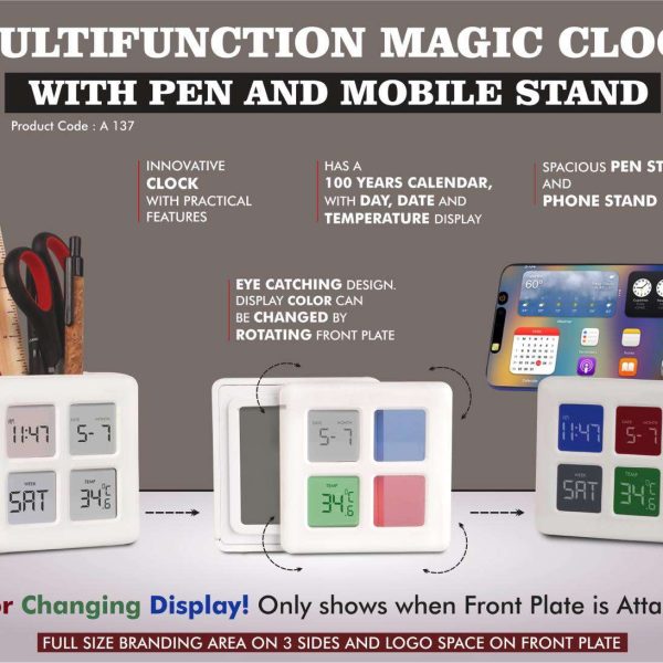 Multifunction Magic Table Clock with Tumbler | Color Changing Display | Spacious Pen Stand with Phone stand