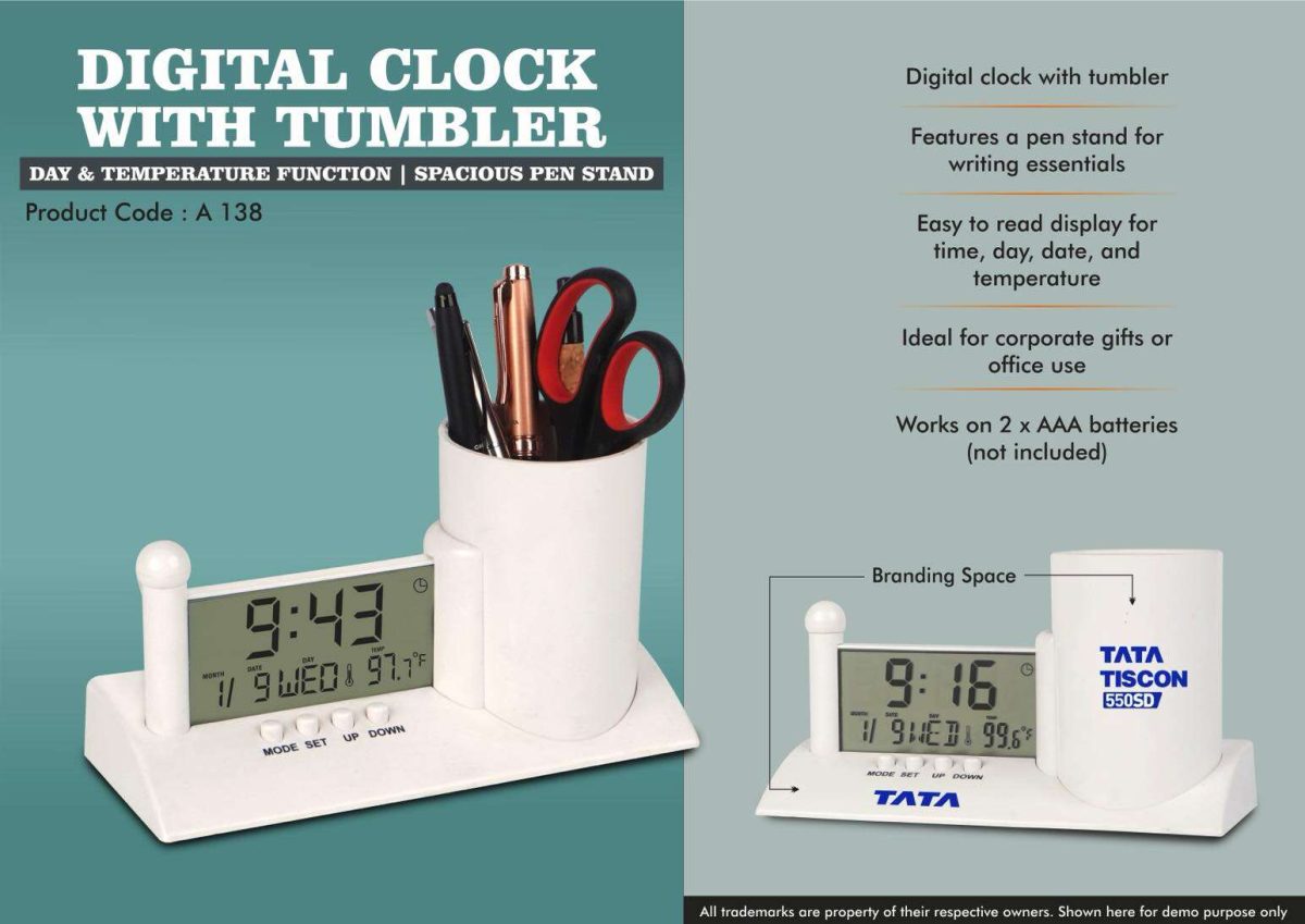 Digital Clock with Tumbler | Day & Temperature Function | Spacious Pen Stand - Image 1