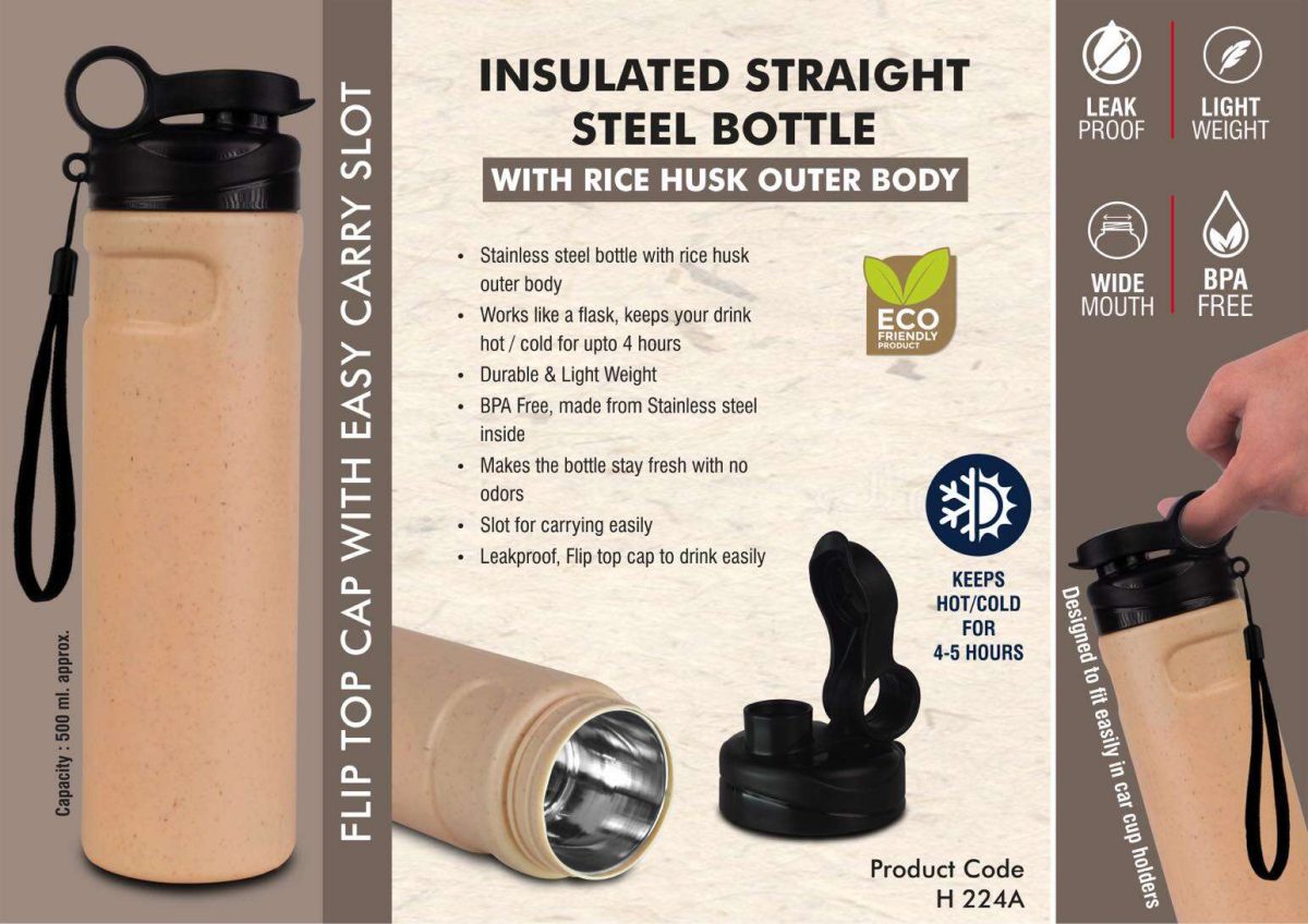 Insulated Straight Steel bottle with Rice husk outer body | Flip top cap with easy carry slot | 500 ml approx - Image 1