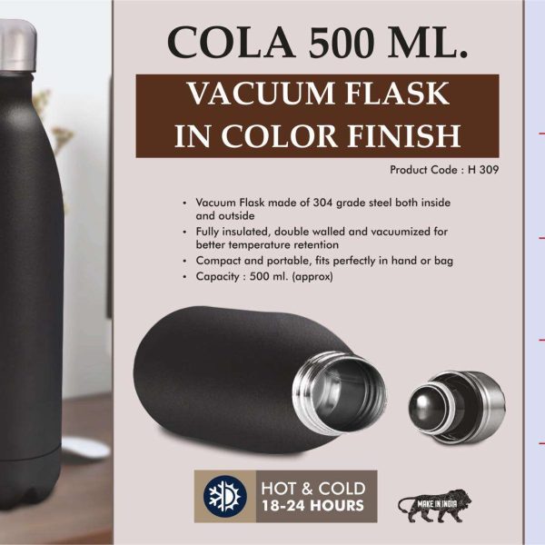 Cola 500 ml Vacuum flask in Color Finish | 304 steel inside & outside | 18 hours hot/cold