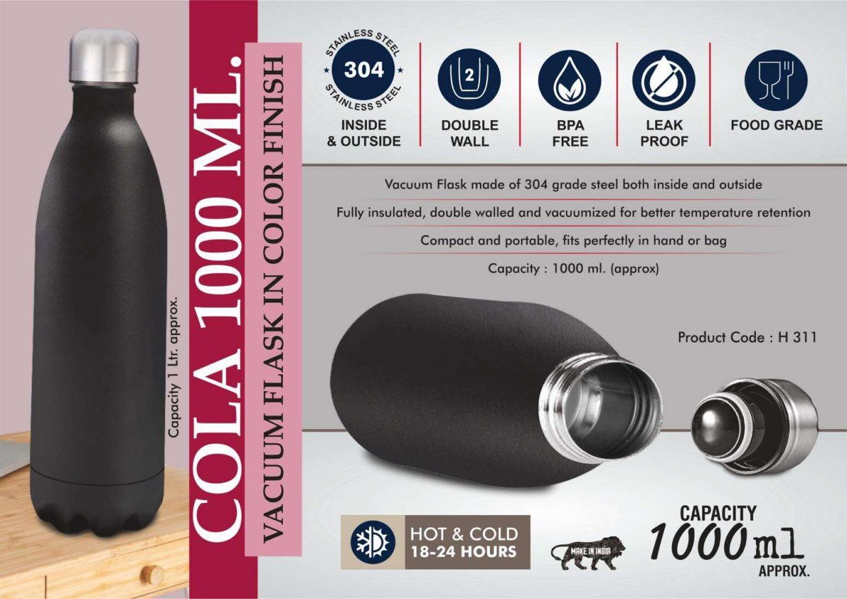 h311.jpg Cola 1000 ml Vacuum flask in Color Finish | 304 steel inside & outside | 18 hours hot/cold - Image 1