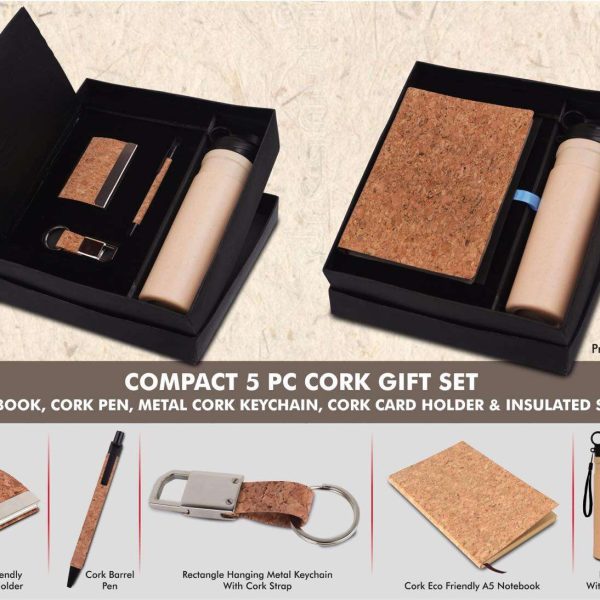 Compact 5 Pc Cork Gift Set: Cork Notebook, Cork Pen, Metal Cork Keychain, Cork Card Holder & Insulated Steel Bottle