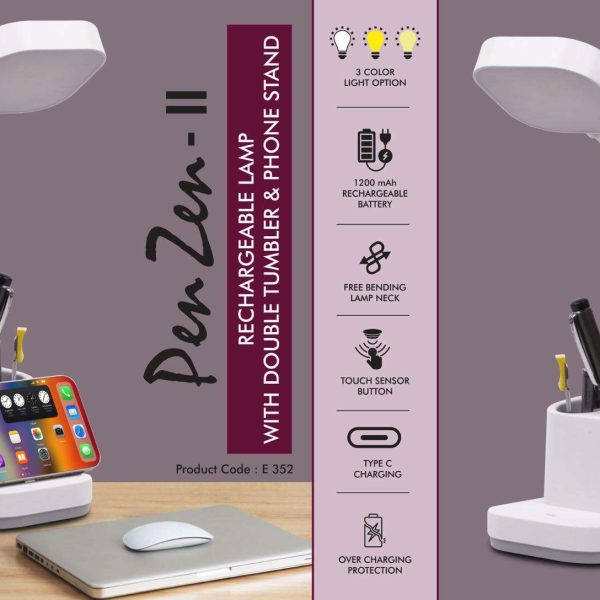 PenZen II: Rechargeable lamp with Double tumbler & Phone stand | 3 Color light with Brightness adjustment | Type C Charging