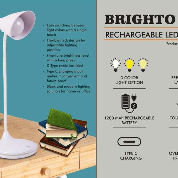 Brighto 2.0 : Rechargeable LED lamp | 3 Color light with Brightness adjustment | Type C Charging