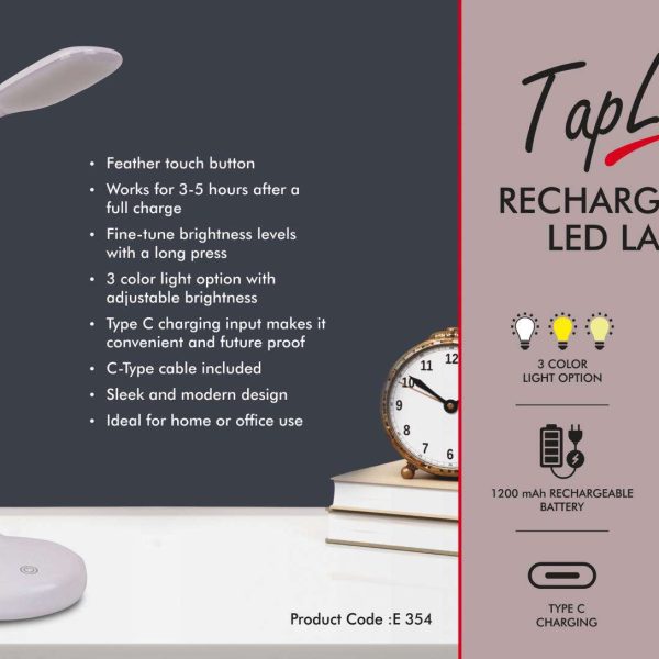 TapLite : Rechargeable LED lamp | 3 Color light with Brightness adjustment | Type C Charging