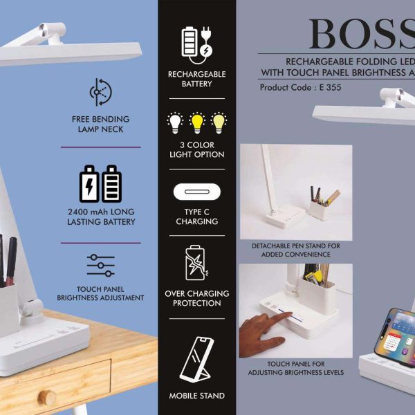 Boss : Rechargeable Folding LED lamp with Touch panel Brightness adjustment | Detachable pen stand | Mobile Stand | 3 Color light option