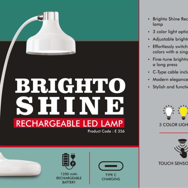 Brighto Shine : Rechargeable LED lamp | 3 Color light with Brightness adjustment | Type C Charging