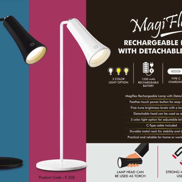 MagiFlex: Rechargeable Lamp with Detachable Head | 3 color light | Detachable head to use as torch | Durable metal neck