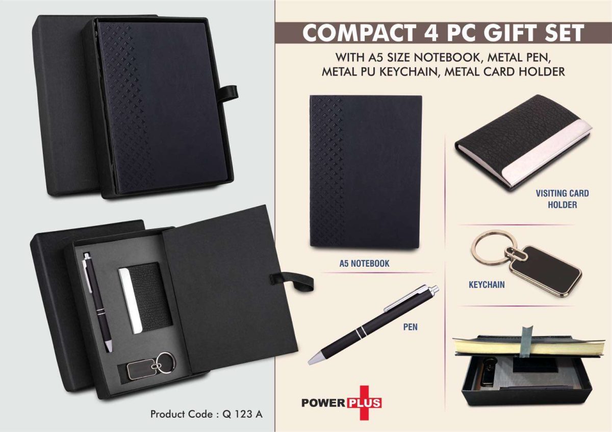 Compact 4 pc Black gift set: A5 size Notebook, Metal pen, Metal PU Keychain, Metal Card holder - Image 1